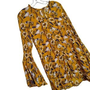 Xhilaration Womens Mustard Yellow Floral Bell‎ Sleeve Tunic/Mini Dress Size L